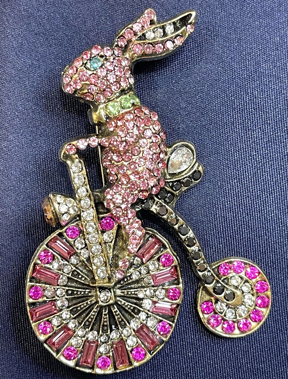 NWOT Pink Rabbit Brooch Lapel Pin Rhinestone Glass Pennyfarthing Bicycle Retro